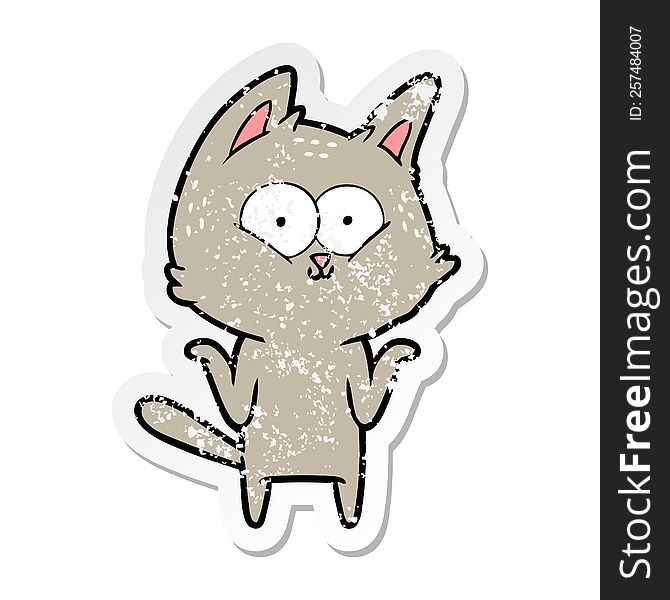 Distressed Sticker Of A Cartoon Cat Shrugging Shoulders