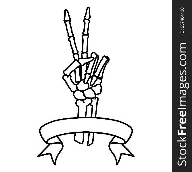 Black Linework Tattoo With Banner Of A Skeleton Hand Giving A Peace Sign