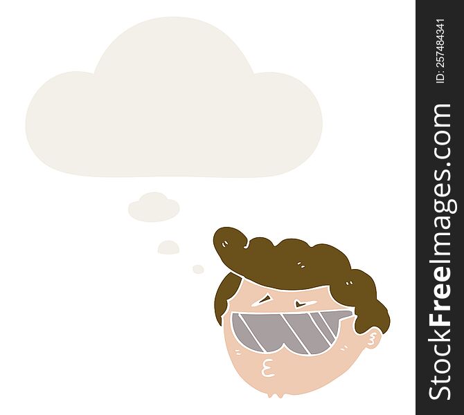 cartoon boy wearing sunglasses with thought bubble in retro style