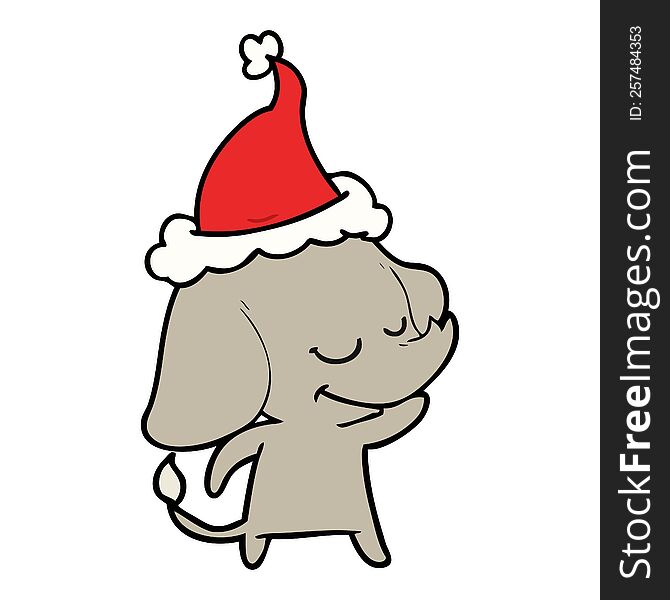 hand drawn line drawing of a smiling elephant wearing santa hat