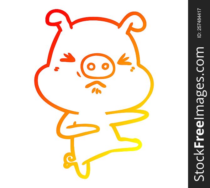 warm gradient line drawing of a cartoon angry pig kicking out