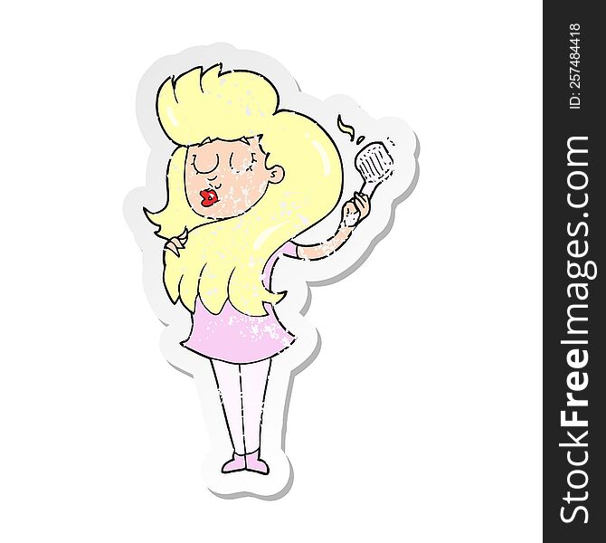 retro distressed sticker of a cartoon woman brushing hair