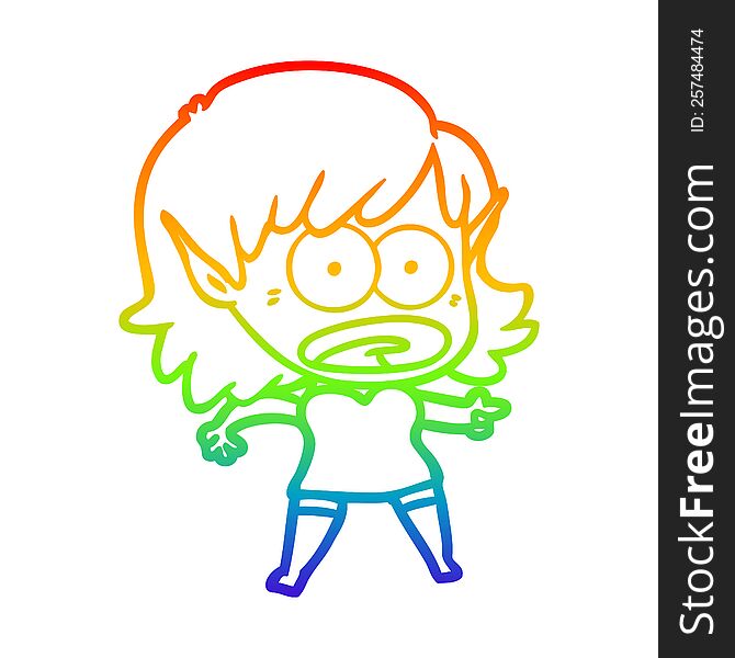 rainbow gradient line drawing of a cartoon shocked elf girl