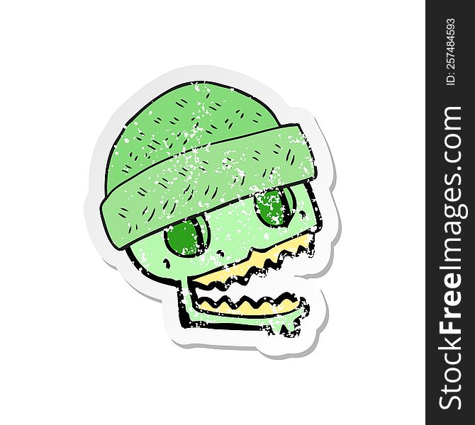 Retro Distressed Sticker Of A Cartoon Skull Wearing Hat