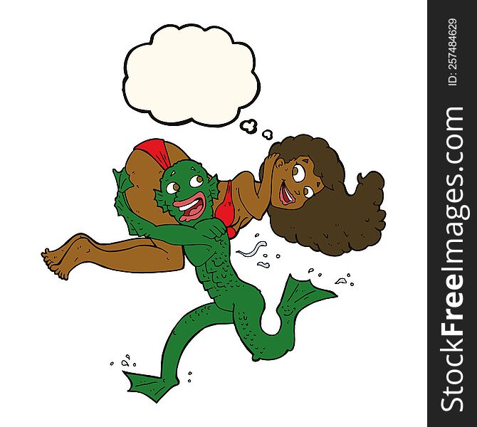 cartoon swamp monster carrying girl in bikini with thought bubble