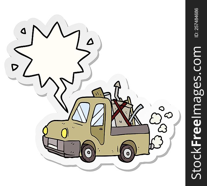 cartoon old truck full of junk with speech bubble sticker