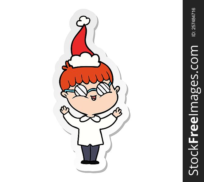 hand drawn sticker cartoon of a boy wearing spectacles wearing santa hat