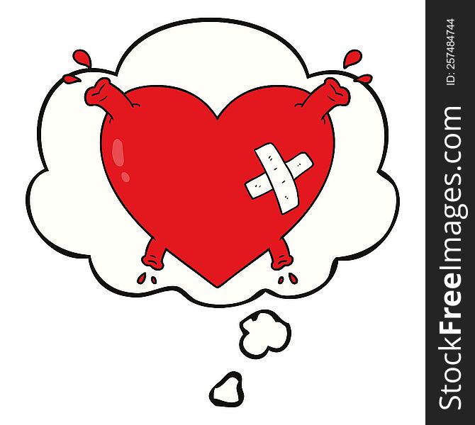 cartoon heart squirting blood with thought bubble