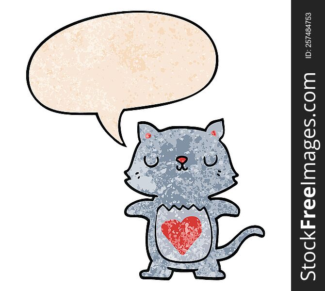 cute cartoon cat with speech bubble in retro texture style