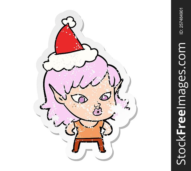 pretty distressed sticker cartoon of a elf girl wearing santa hat