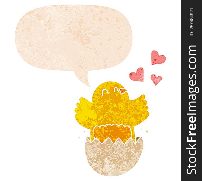 Cute Hatching Chick Cartoon And Speech Bubble In Retro Textured Style