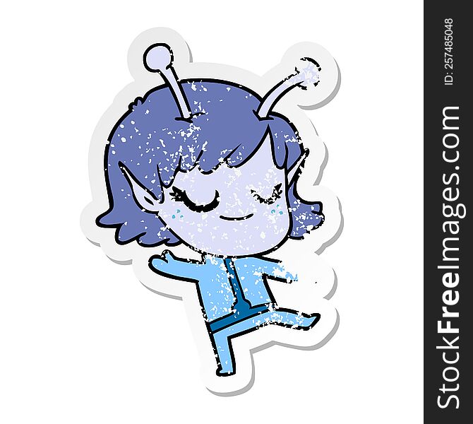 distressed sticker of a smiling alien girl cartoon