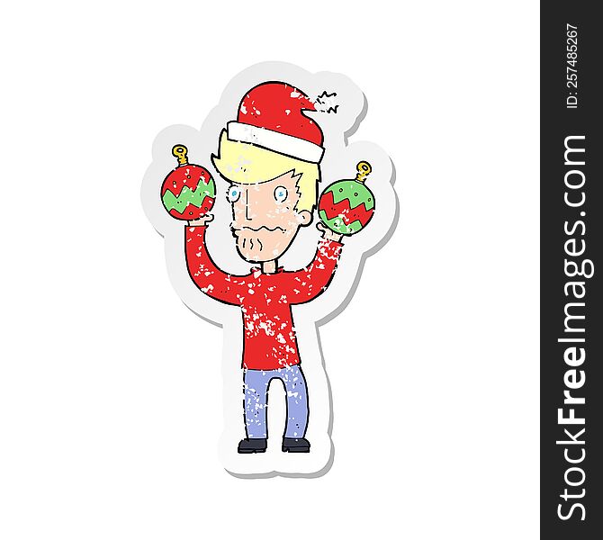 retro distressed sticker of a cartoon man with christmas baubles