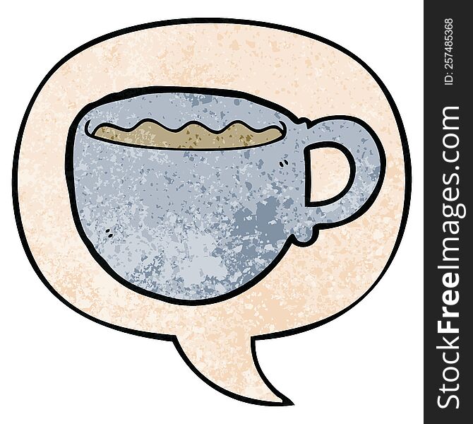 cartoon coffee cup and speech bubble in retro texture style