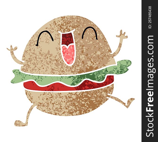 retro illustration style quirky cartoon happy veggie burger. retro illustration style quirky cartoon happy veggie burger