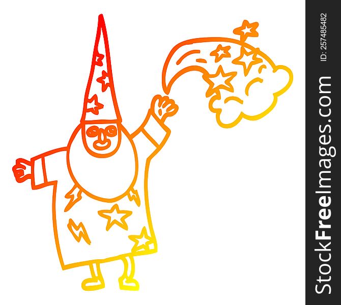 warm gradient line drawing of a cartoon wizard casting spell