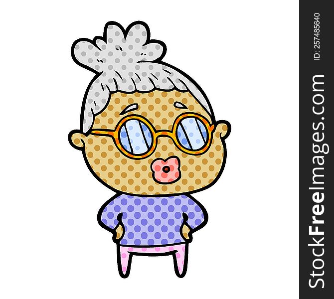 cartoon librarian woman wearing spectacles. cartoon librarian woman wearing spectacles