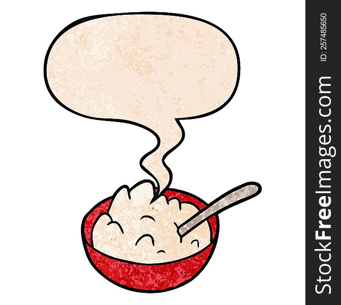 Cartoon Bowl Of Porridge And Speech Bubble In Retro Texture Style