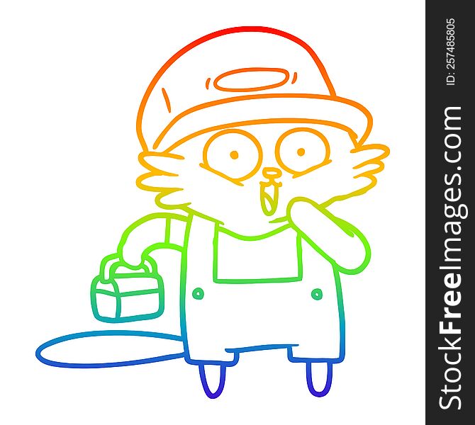 rainbow gradient line drawing of a cartoon cat builder stopping for lunch