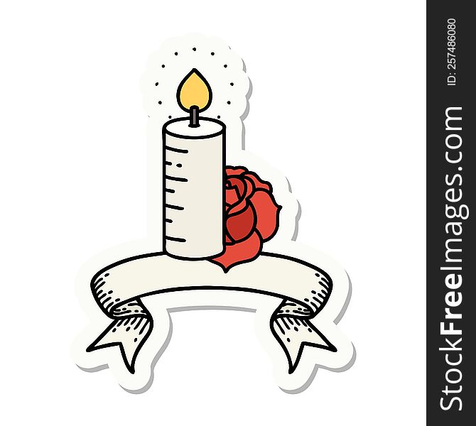 tattoo style sticker with banner of a candle and a rose