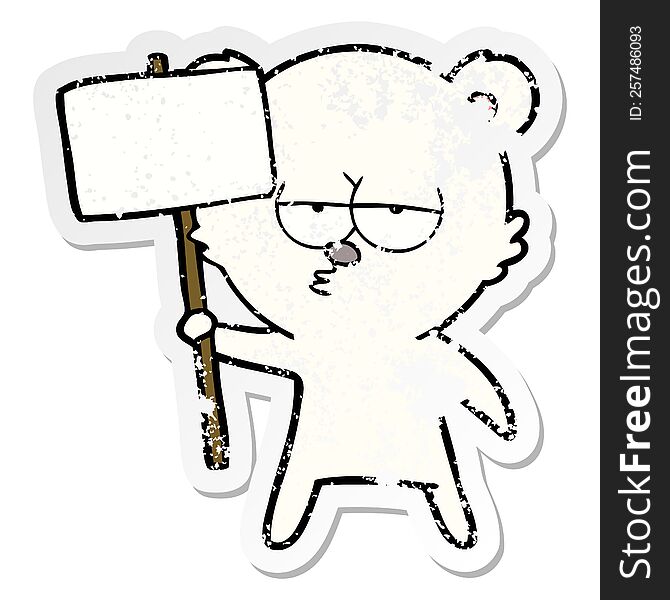 Distressed Sticker Of A Bored Polar Bear Cartoon With Sign