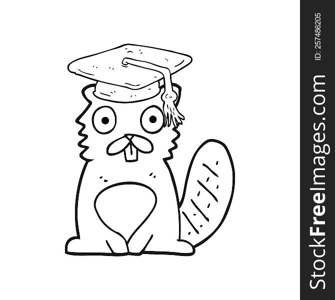 freehand drawn black and white cartoon beaver graduate