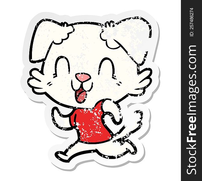 distressed sticker of a laughing cartoon dog jogging