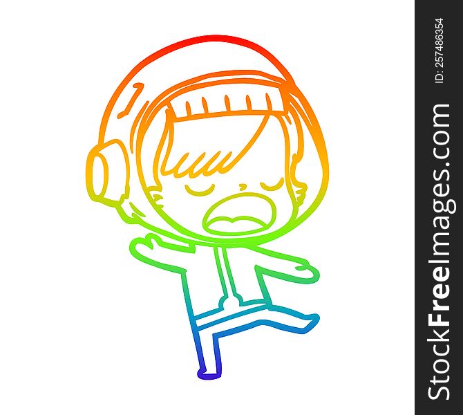 rainbow gradient line drawing of a cartoon talking astronaut woman