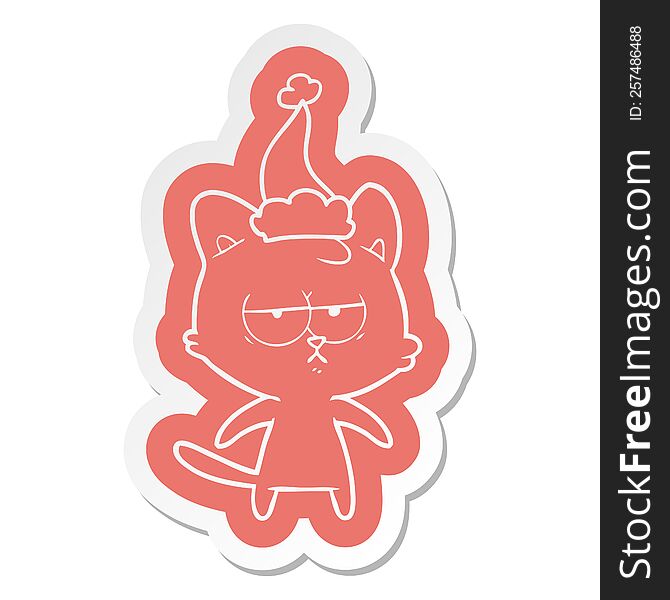 Bored Cartoon  Sticker Of A Cat Wearing Santa Hat