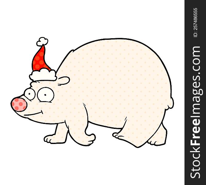 hand drawn comic book style illustration of a walking polar bear wearing santa hat