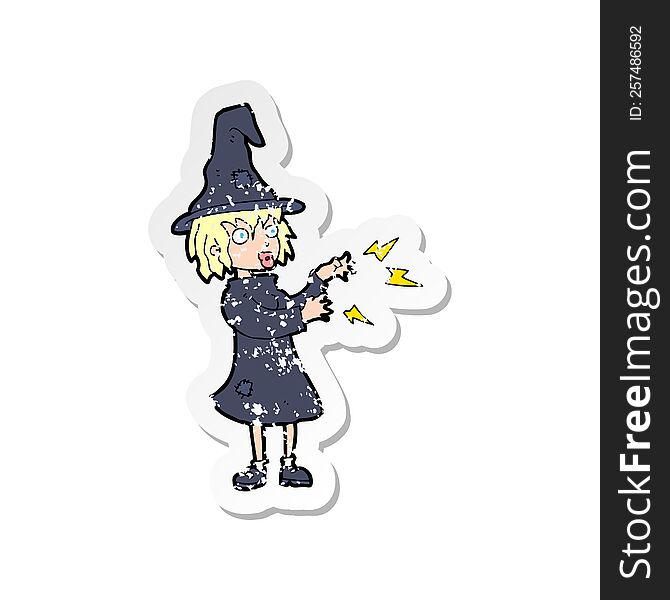 Retro Distressed Sticker Of A Cartoon Witch Casting Spell