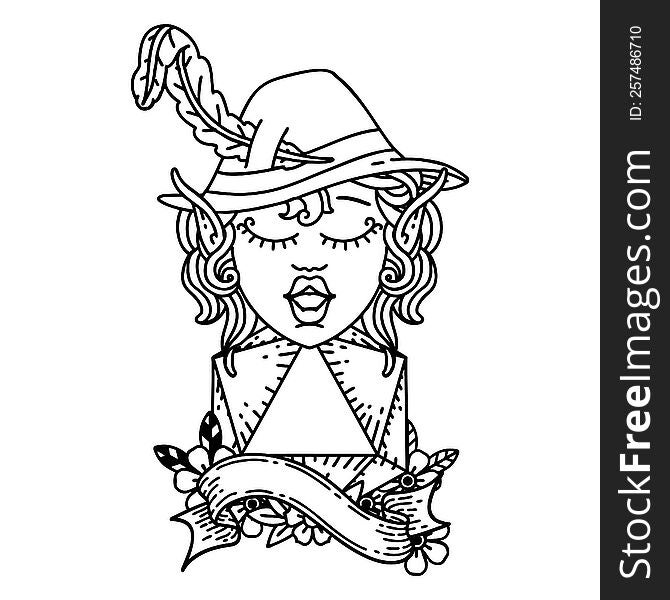 Black and White Tattoo linework Style elf bard with natural twenty dice roll. Black and White Tattoo linework Style elf bard with natural twenty dice roll