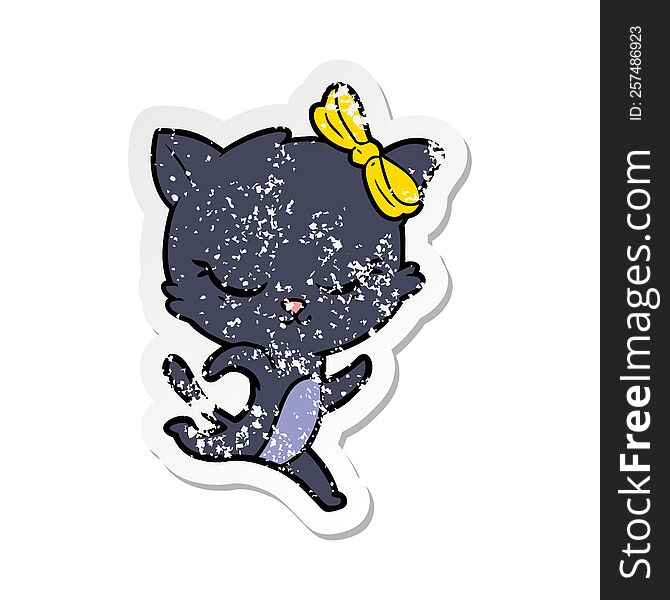 Distressed Sticker Of A Cute Cartoon Cat With Bow Running