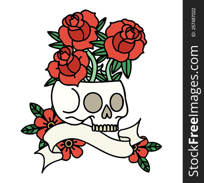 traditional tattoo with banner of a skull and roses