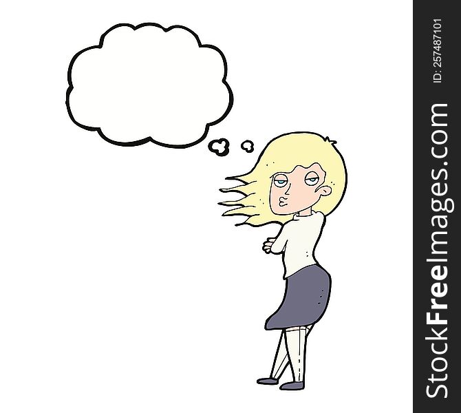 cartoon woman making photo face with thought bubble
