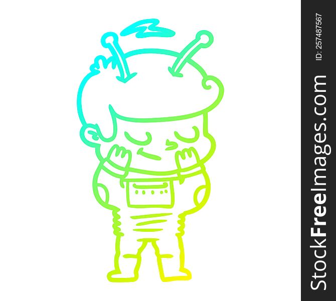 cold gradient line drawing of a bashful cartoon spaceman