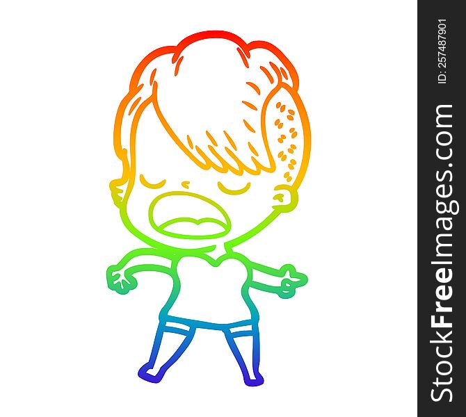 rainbow gradient line drawing of a cartoon cool hipster girl talking