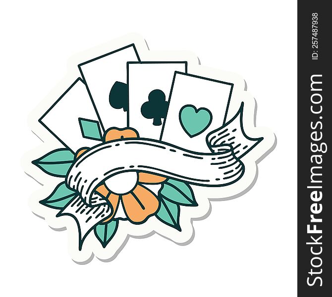 Tattoo Style Sticker Of Cards And Banner