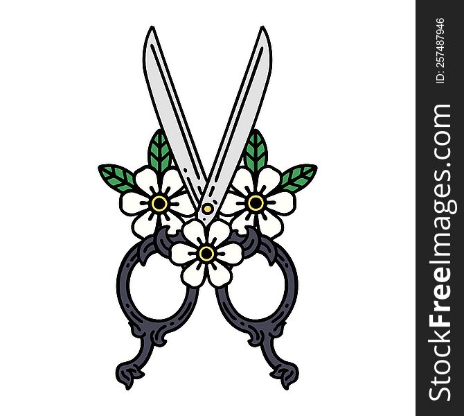 tattoo in traditional style of barber scissors and flowers. tattoo in traditional style of barber scissors and flowers