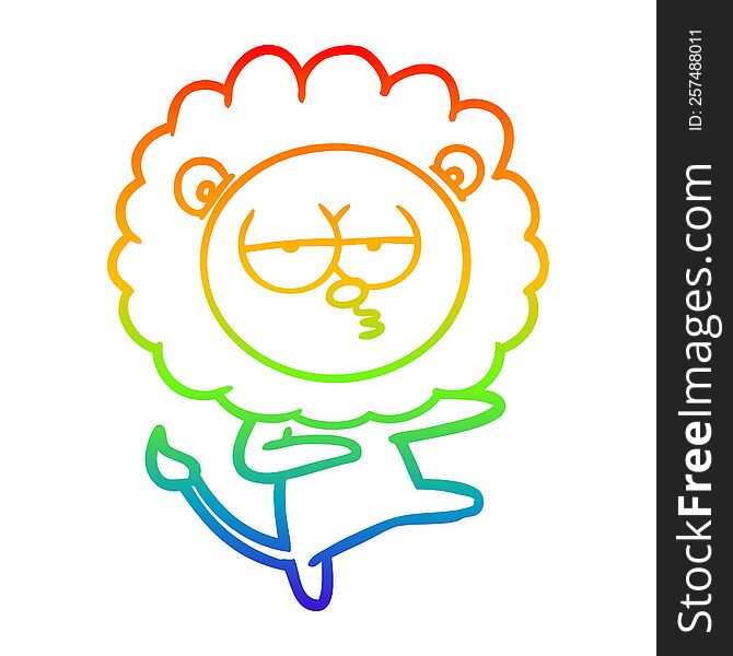 rainbow gradient line drawing of a cartoon bored lion dancing