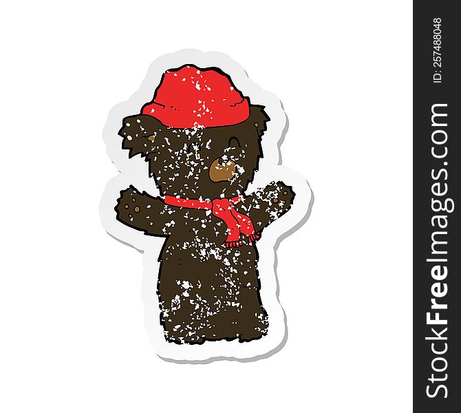 Retro Distressed Sticker Of A Cartooon Cute Black Bear In Hat And Scarf