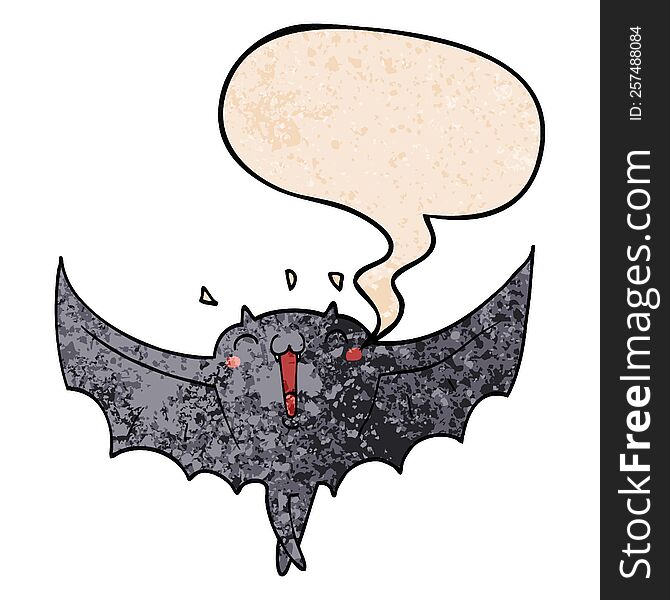 Cartoon Happy Vampire Bat And Speech Bubble In Retro Texture Style