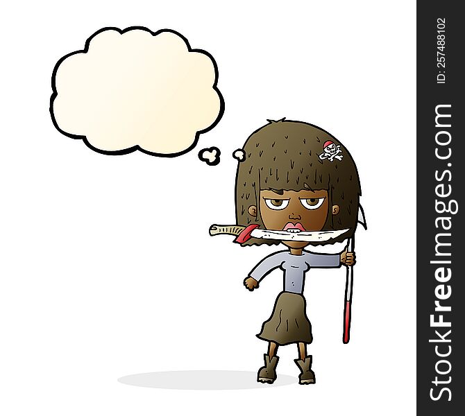 cartoon woman with knife and harpoon with thought bubble