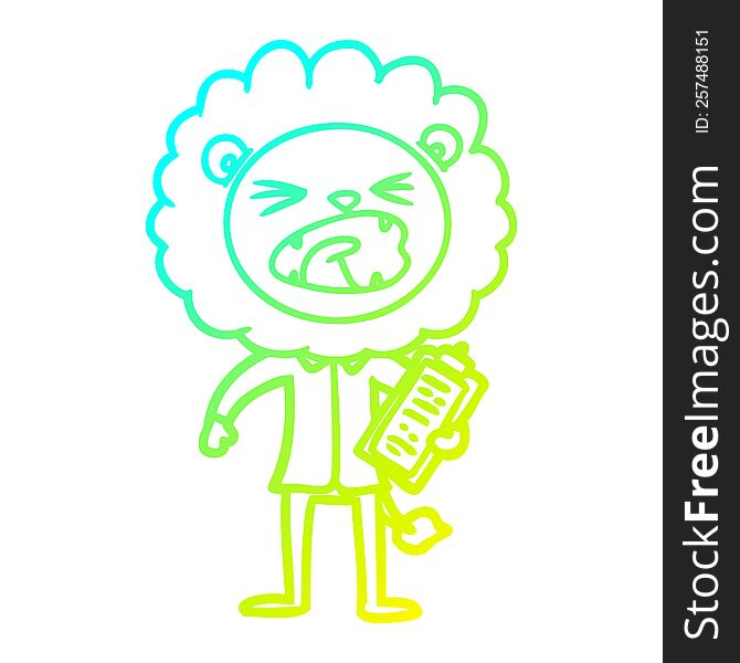 cold gradient line drawing of a cartoon lion salesman