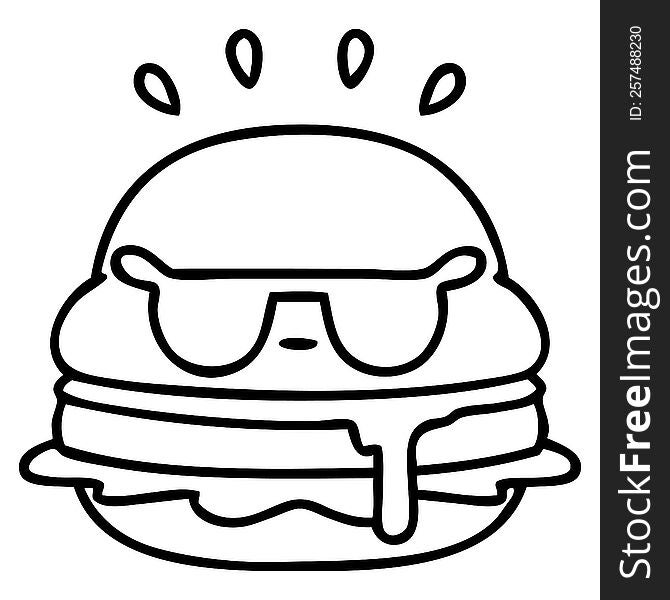 line doodle of a tasty burger wearing sunglasses
