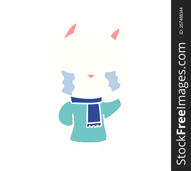 crying flat color style cartoon cat wearing winter clothes