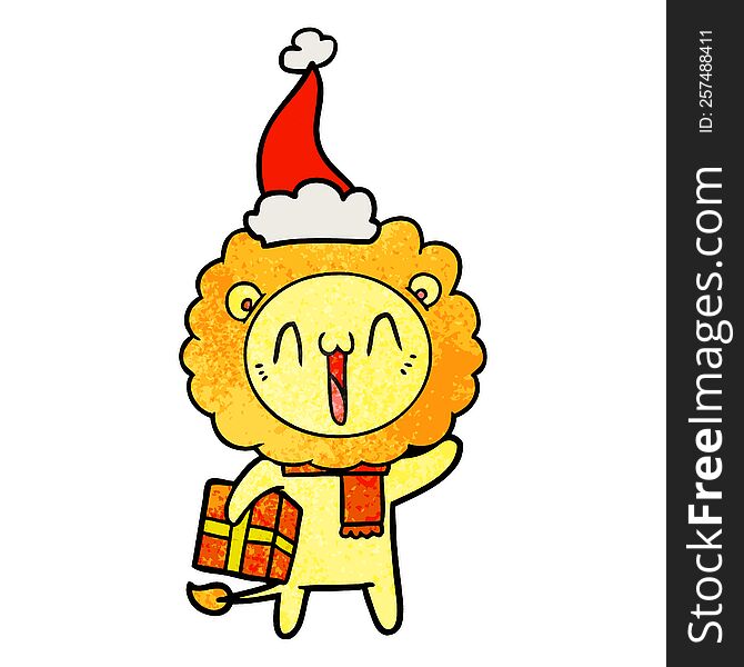 happy hand drawn textured cartoon of a lion wearing santa hat. happy hand drawn textured cartoon of a lion wearing santa hat