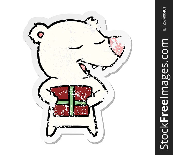 Distressed Sticker Of A Cartoon Polar Bear With Present