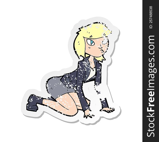 retro distressed sticker of a cartoon woman on hands and knees