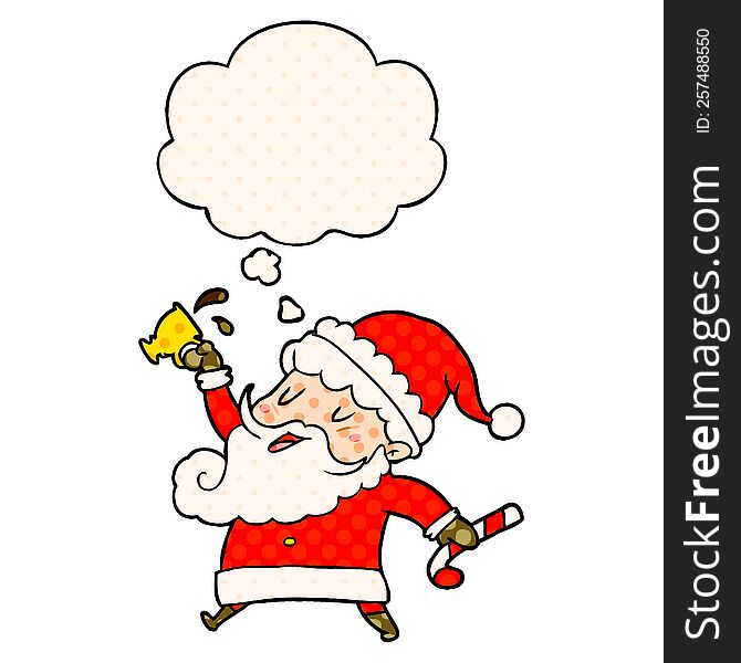 cartoon santa claus with hot cocoa with thought bubble in comic book style